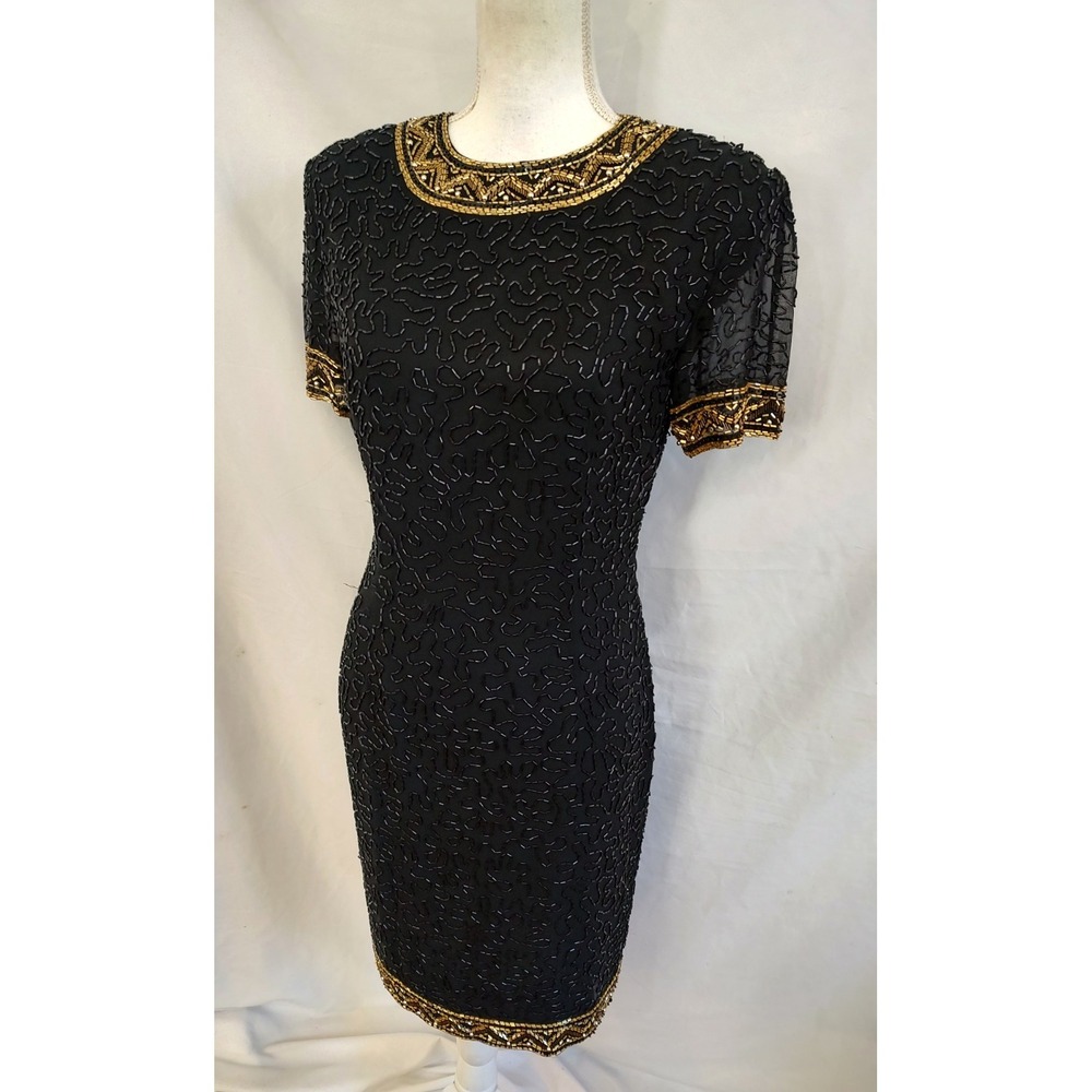 Vintage Morgan Taylor Dress Evening Beaded Sequin Sheath Short Sleeve Black Sz 4
